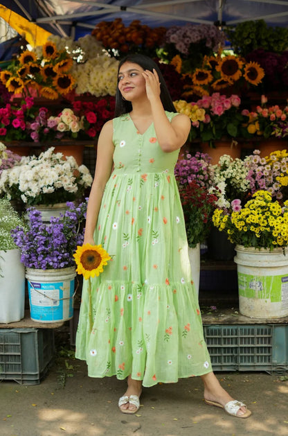 Classy Green Chanderi Cotton Dress With Floral Print