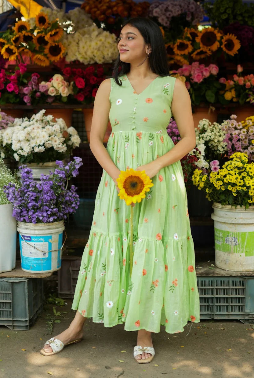 Classy Green Chanderi Cotton Dress With Floral Print