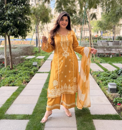 Yellow Viscose Roman Silk Kurta Set With Heavy Embroidery Work