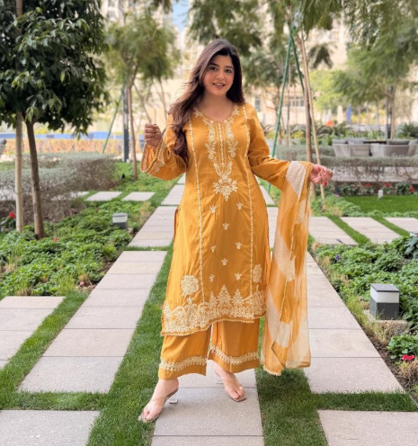 Yellow Viscose Roman Silk Kurta Set With Heavy Embroidery Work