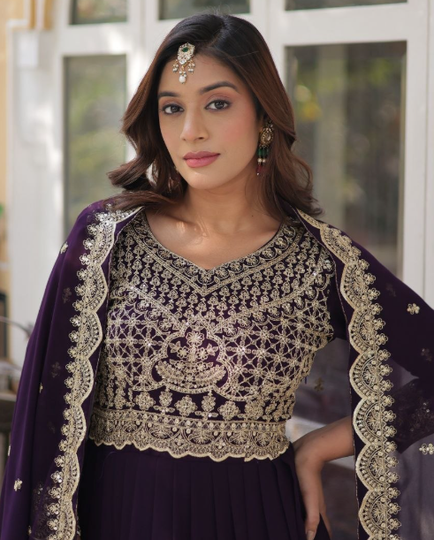 Ready-To-Wear Faux Blooming Anarkali Gown With Dupatta Along With Sequins Work
