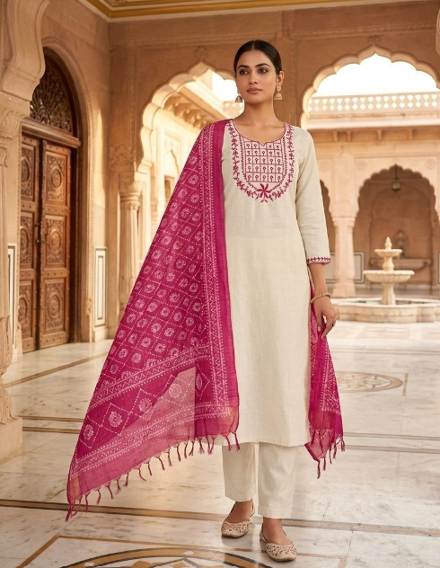 Classy White Khadi Cotton Kurti Set With Embroidery Work