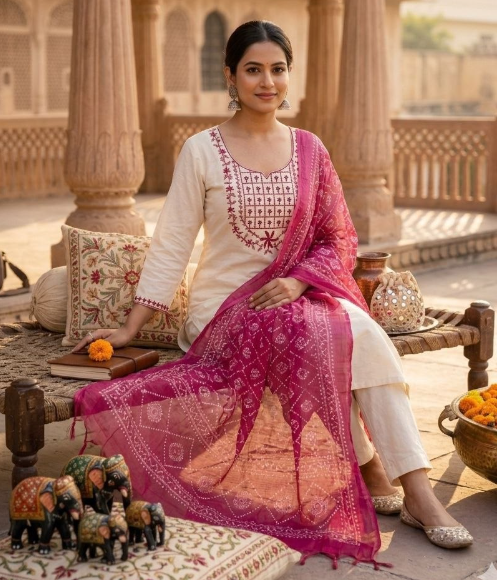 Classy White Khadi Cotton Kurti Set With Embroidery Work