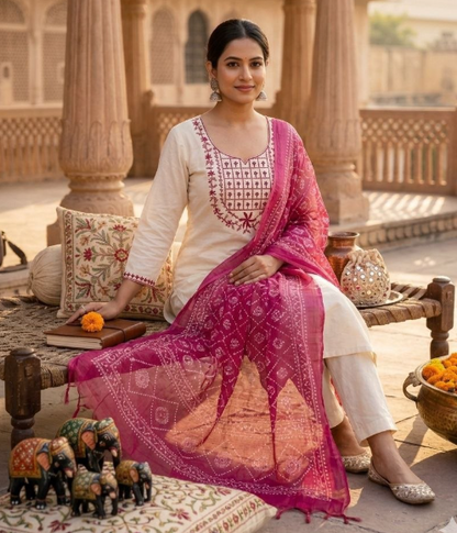 Classy White Khadi Cotton Kurti Set With Embroidery Work
