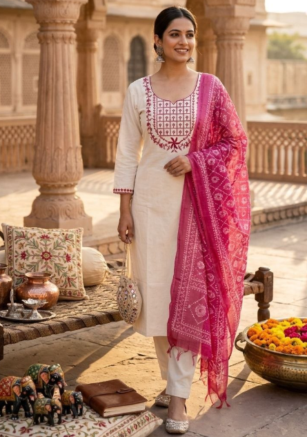 Classy White Khadi Cotton Kurti Set With Embroidery Work