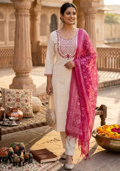 Classy White Khadi Cotton Kurti Set With Embroidery Work