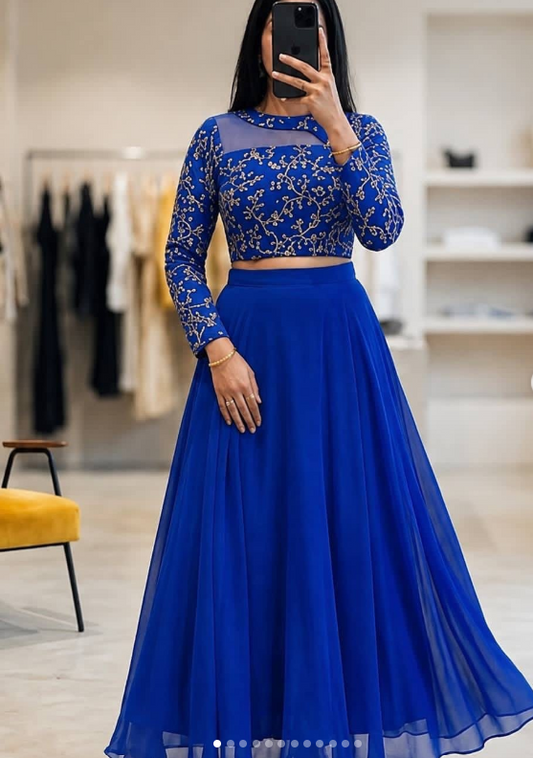 Gorgeous Georgette Gown With Embroidery Floral Vine Pattern
