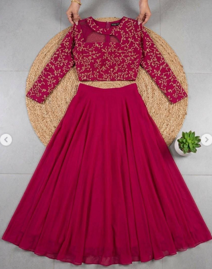 Gorgeous Georgette Gown With Embroidery Floral Vine Pattern