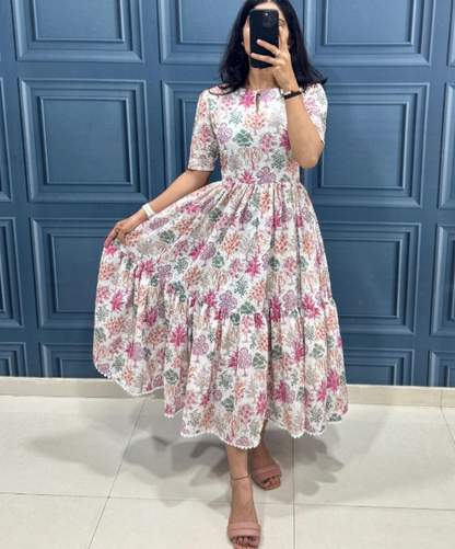 Trendy Floral Printed Cotton Maxi Dress With Full Lining