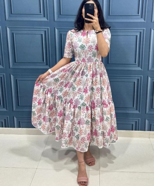 Trendy Floral Printed Cotton Maxi Dress With Full Lining