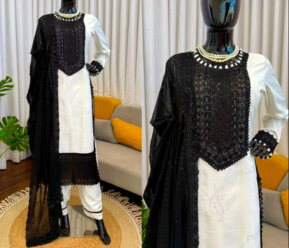 Classy Natural Crepe Pakistani Top With Pant And Dupatta