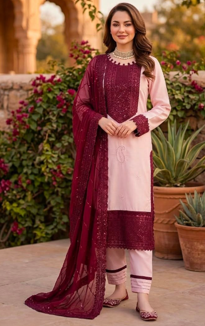 Classy Natural Crepe Pakistani Top With Pant And Dupatta