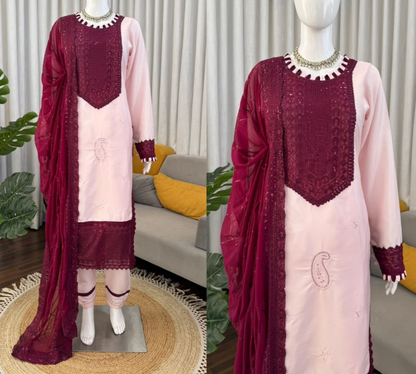 Classy Natural Crepe Pakistani Top With Pant And Dupatta
