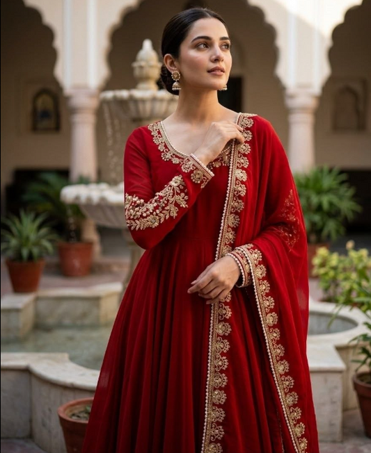 Gorgeous Faux Georgette With Embroidery Sequins & Moti Lace Border