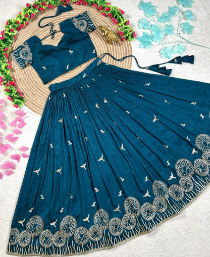 Fabulous Vichitra Silk Lehenga Choli With Golden Embroidery Work