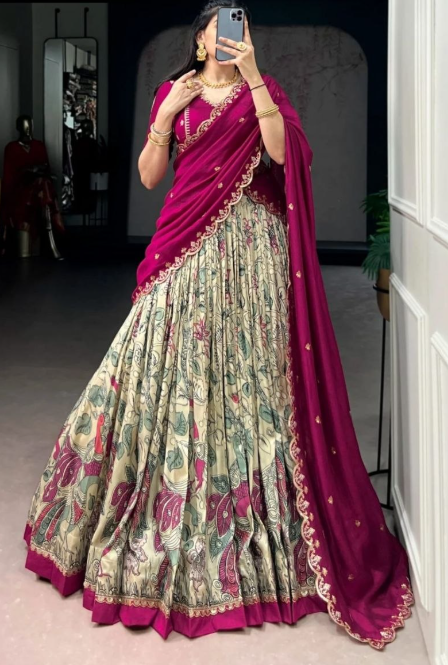 Trending Dola Silk Lehenga Choli With Kalamkari Work