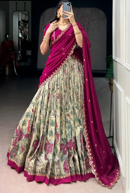 Trending Dola Silk Lehenga Choli With Kalamkari Work