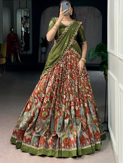 Trending Dola Silk Lehenga Choli With Kalamkari Work