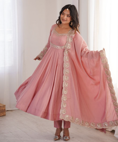 Gorgeous Roman Silk Embroidered Sequins Designer Anarkali Three Piece Set