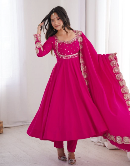 Gorgeous Roman Silk Embroidered Sequins Designer Anarkali Three Piece Set