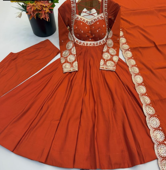 Gorgeous Roman Silk Embroidered Sequins Designer Anarkali Three Piece Set