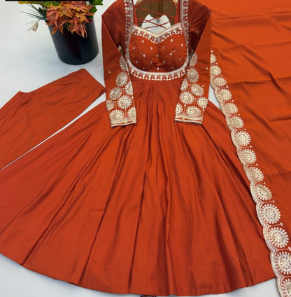 Gorgeous Roman Silk Embroidered Sequins Designer Anarkali Three Piece Set