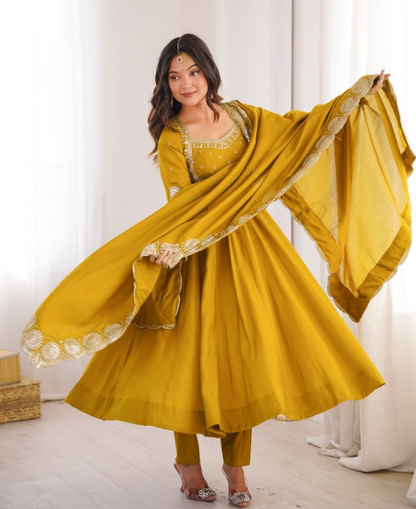 Elegant Embroidered Sequins Designer Anarkali Three Piece Set