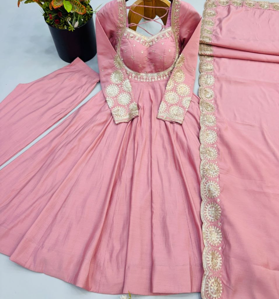 Gorgeous Roman Silk Embroidered Sequins Designer Anarkali Three Piece Set