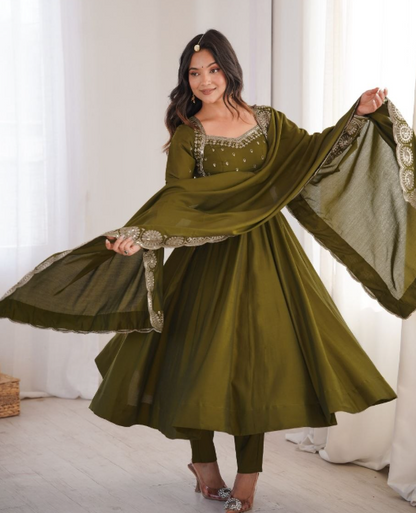 Gorgeous Roman Silk Embroidered Sequins Designer Anarkali Three Piece Set