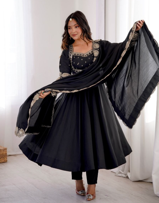 Elegant Embroidered Sequins Designer Anarkali Three Piece Set