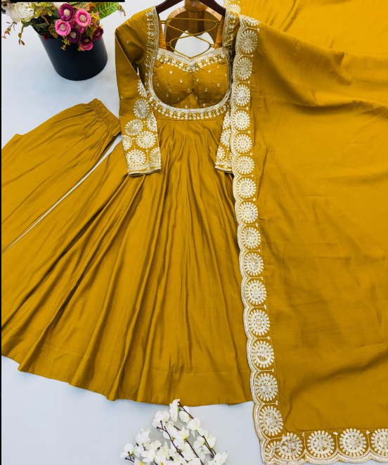 Elegant Embroidered Sequins Designer Anarkali Three Piece Set