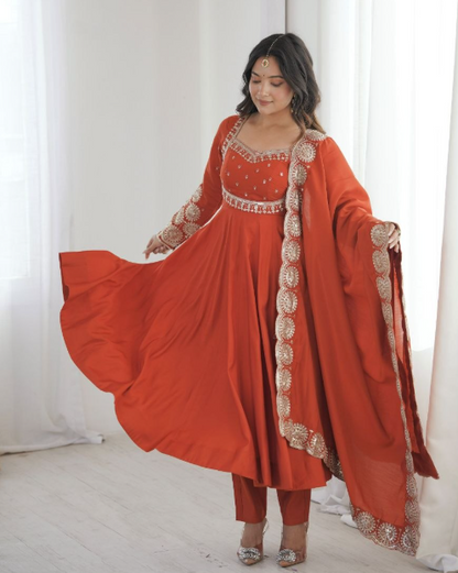 Gorgeous Roman Silk Embroidered Sequins Designer Anarkali Three Piece Set