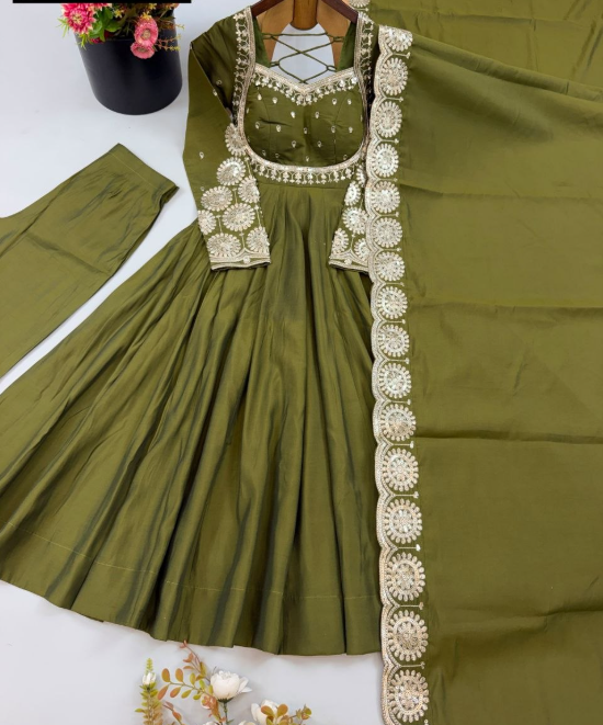 Gorgeous Roman Silk Embroidered Sequins Designer Anarkali Three Piece Set