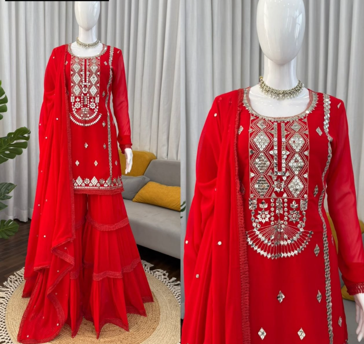 Stunning Faux Georgette Sharara Set With Thread & Sequins Work