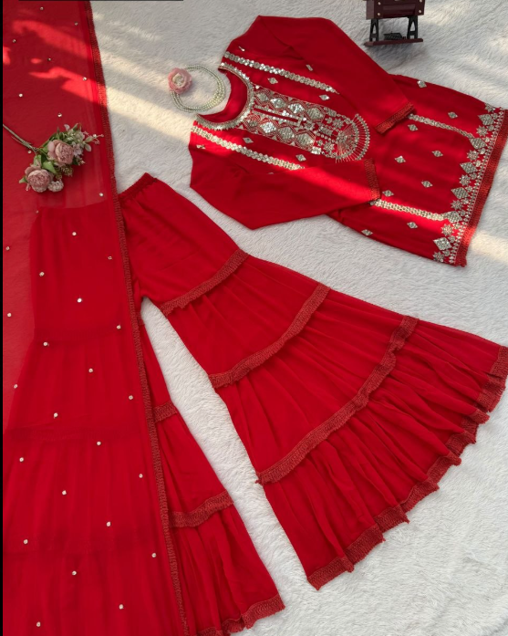 Stunning Faux Georgette Sharara Set With Thread & Sequins Work