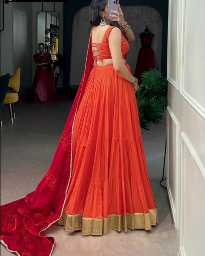 Elegant Orange Reyon Lehenga Choli With Satin Chiffon Dupatta