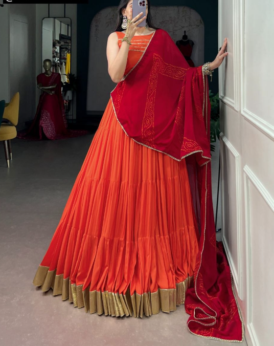 Elegant Orange Reyon Lehenga Choli With Satin Chiffon Dupatta