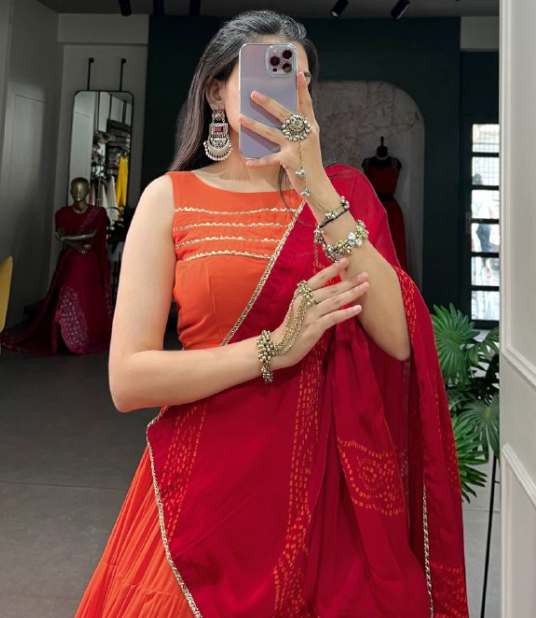Elegant Orange Reyon Lehenga Choli With Satin Chiffon Dupatta