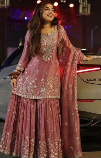 Pink Pure Fendy Silk Sharara Suit With Beautiful Embroidery Work