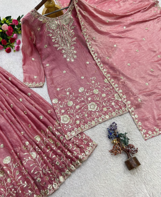 Pink Pure Fendy Silk Sharara Suit With Beautiful Embroidery Work