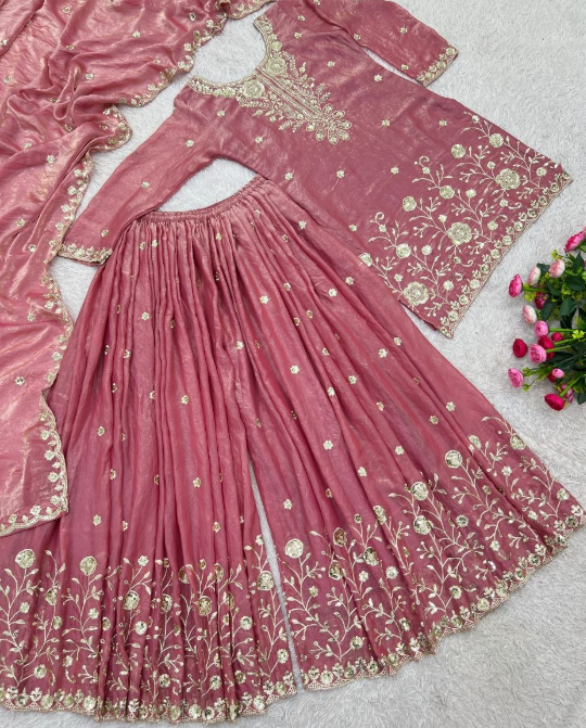 Pink Pure Fendy Silk Sharara Suit With Beautiful Embroidery Work