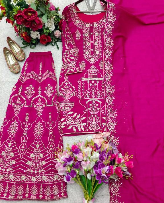 Trending Vichitra Silk Sharara Suit With Embroidery Sequins Work