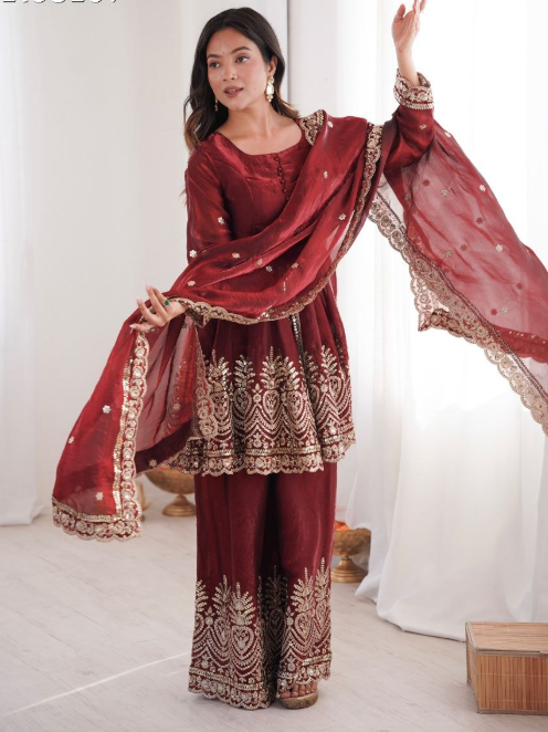 Elegant Heavy Two Tone Fendy Silk Sharara Suit With Heavy Embroidery Work