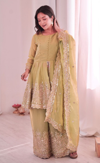 Elegant Heavy Two Tone Fendy Silk Sharara Suit With Heavy Embroidery Work
