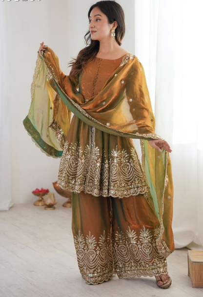 Elegant Heavy Two Tone Fendy Silk Sharara Suit With Heavy Embroidery Work