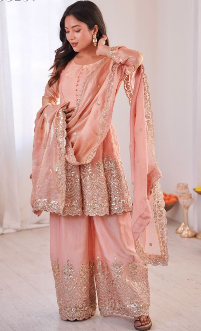 Elegant Heavy Two Tone Fendy Silk Sharara Suit With Heavy Embroidery Work