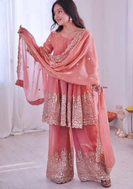 Elegant Heavy Two Tone Fendy Silk Sharara Suit With Heavy Embroidery Work