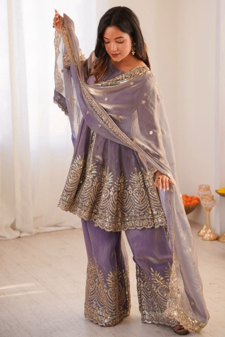Elegant Heavy Two Tone Fendy Silk Sharara Suit With Heavy Embroidery Work