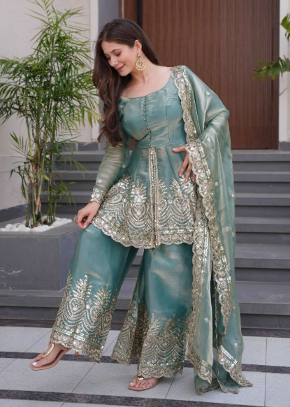 Elegant Heavy Two Tone Fendy Silk Sharara Suit With Heavy Embroidery Work