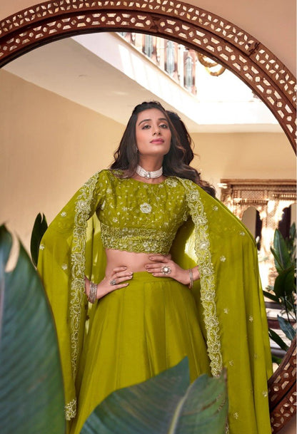 Stunning Mehendi Embroidered Lehenga Choli With Sequins Work